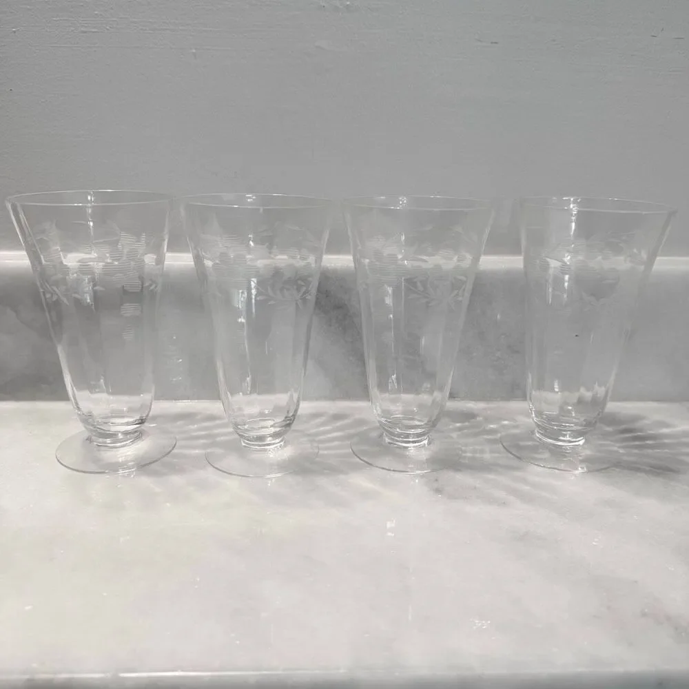Lot of 4 Antique Clear Etched Flower Design Footed Crystal Pilsner Beer Glasses